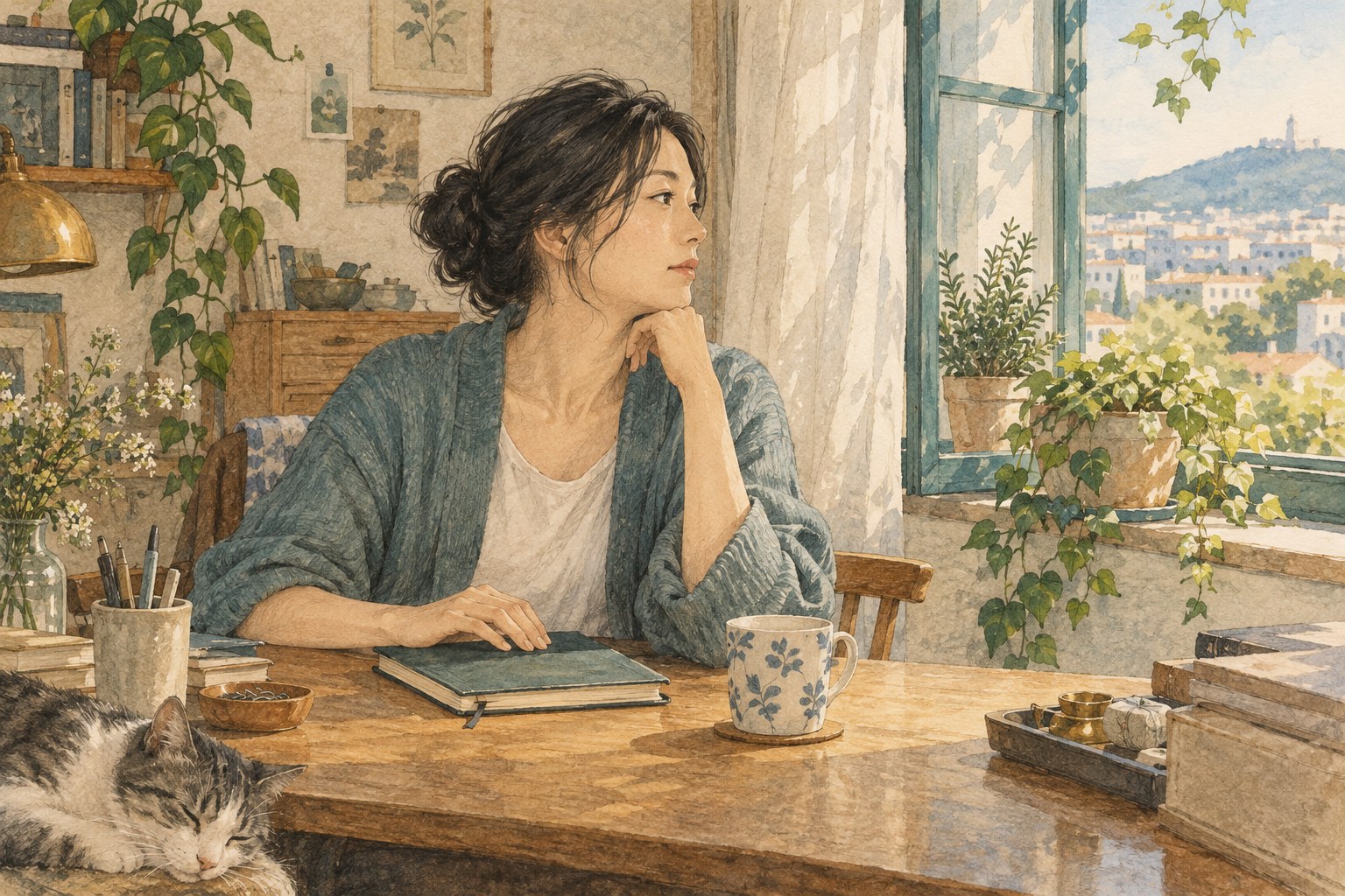 ノートを閉じて窓の外へ目を向け、書くことから休憩する女性