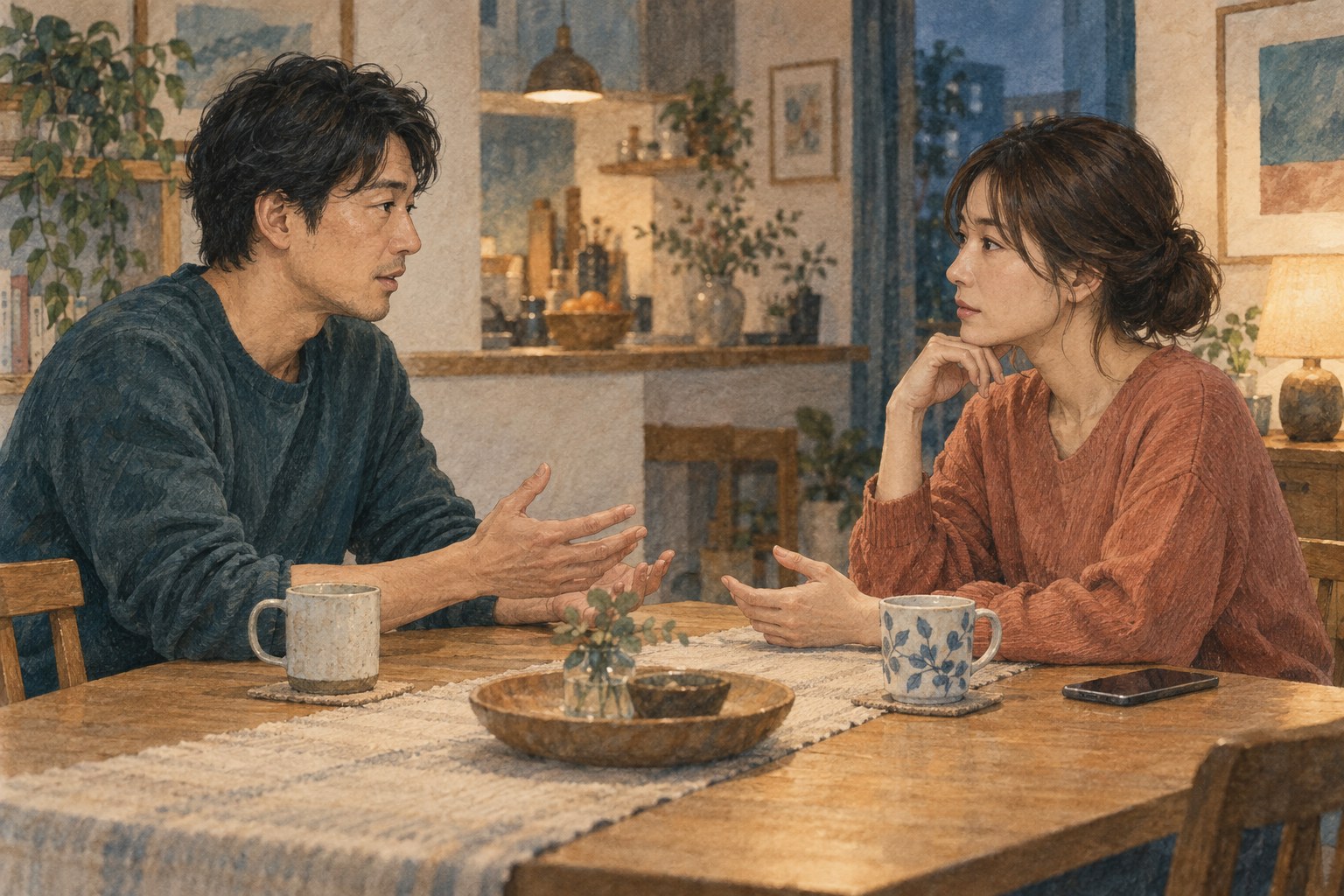食卓で向き合い、今の関係で大切にしたいことを話す二人
