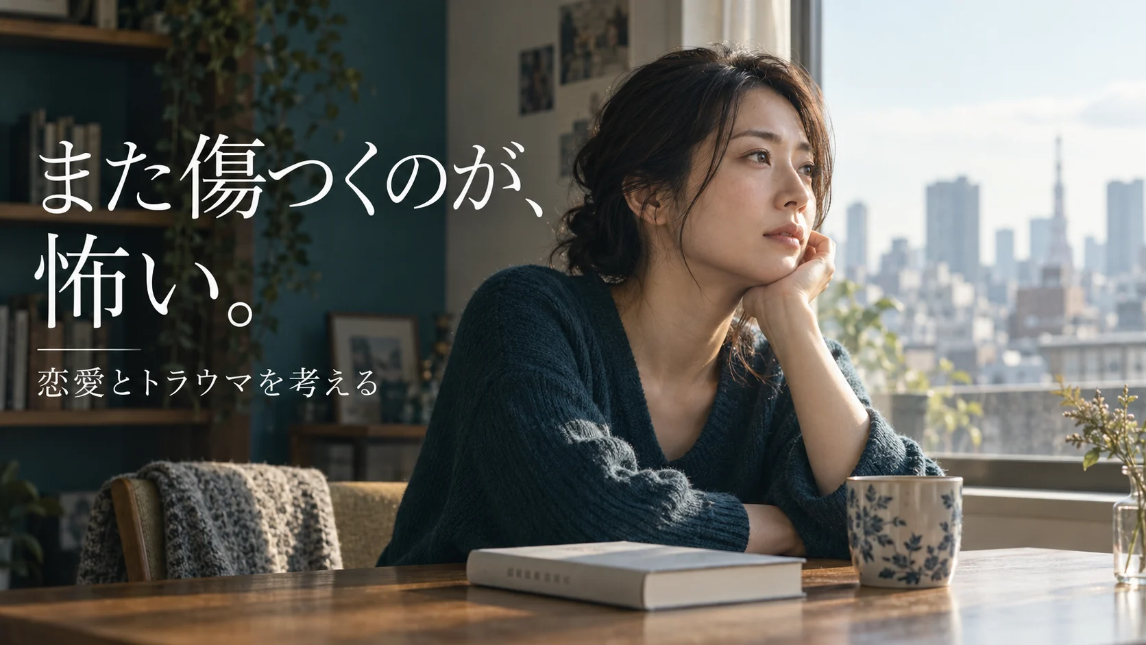 窓辺で考えごとをする女性。「また傷つくのが、怖い。」の文字