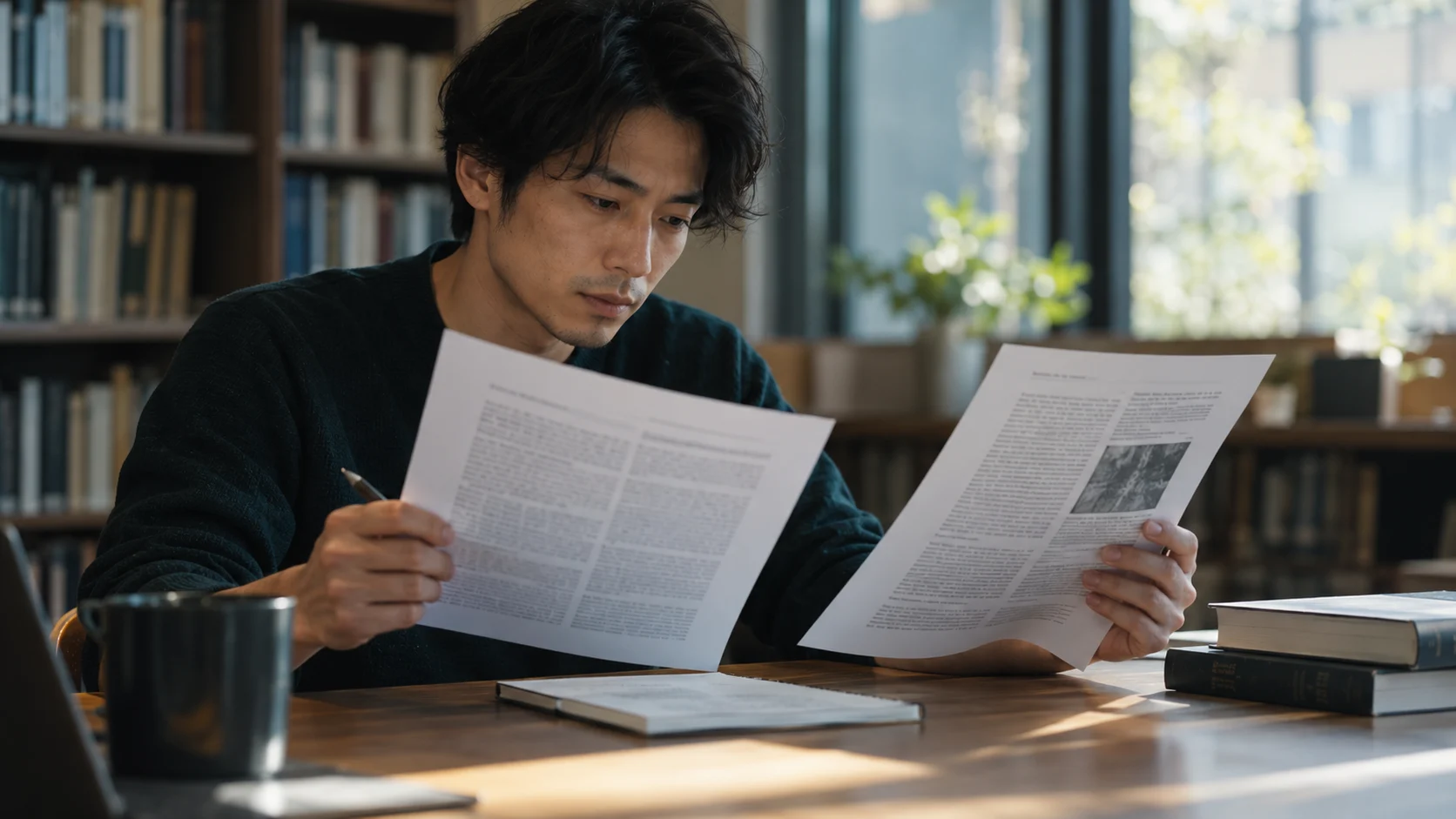 図書館の机で論文を読み比べ、メモを取る手元