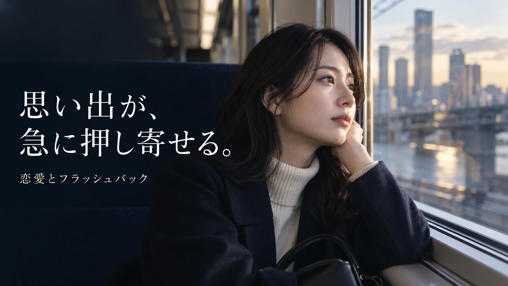 窓際で静かに過ごす女性。「思い出が、急に押し寄せる。」の文字