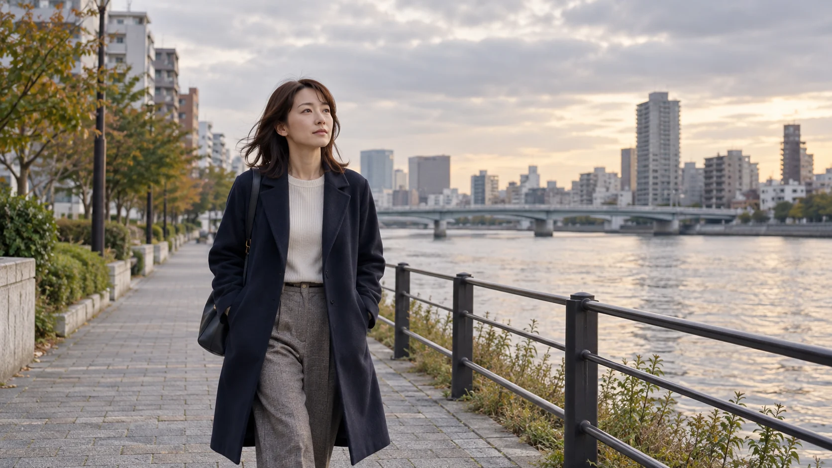 川沿いの道を一人で歩く女性