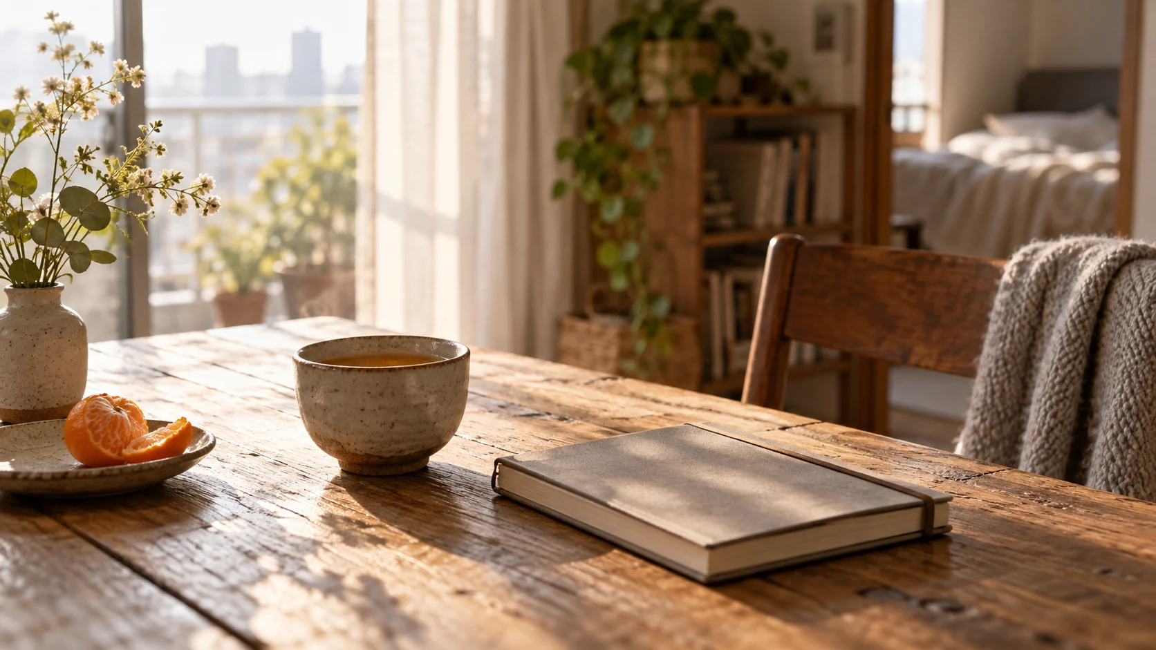 朝の光が差すテーブルに置かれたお茶とノート