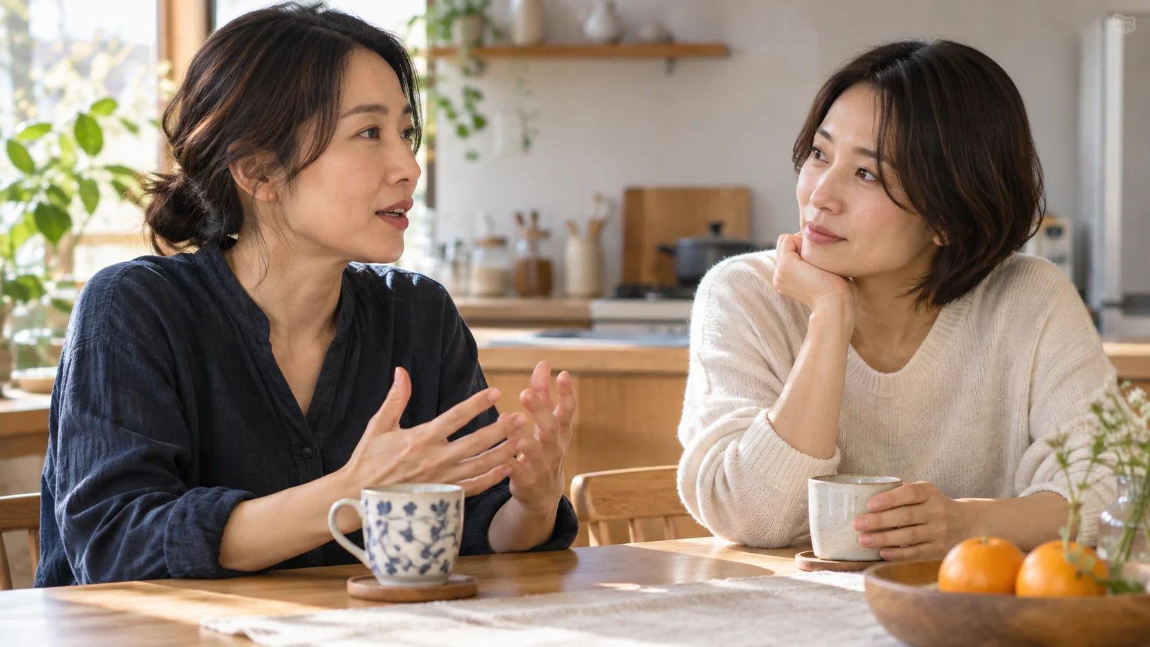 お茶を飲みながら落ち着いて話を聞く友人
