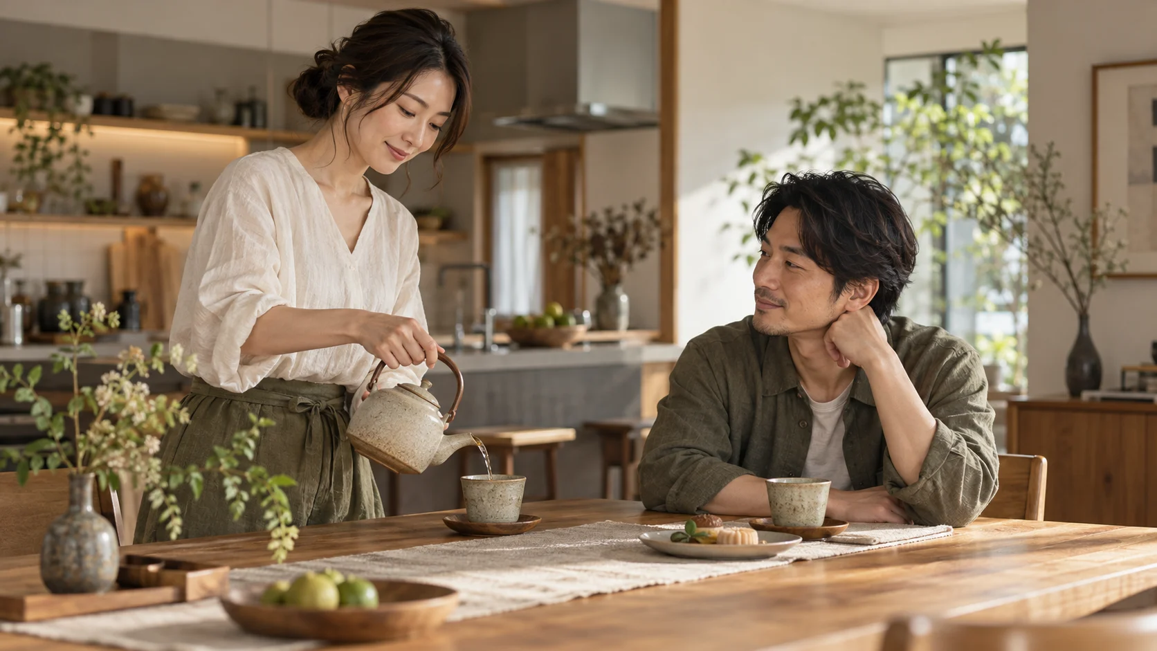 テーブルで待つ相手にお茶を注ぐ女性