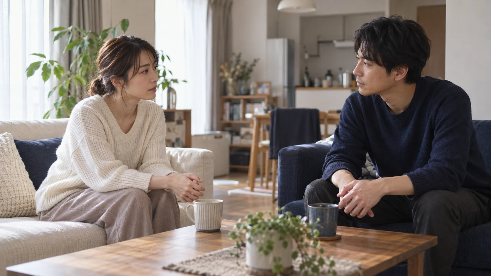 自宅のテーブルで落ち着いて話す男女