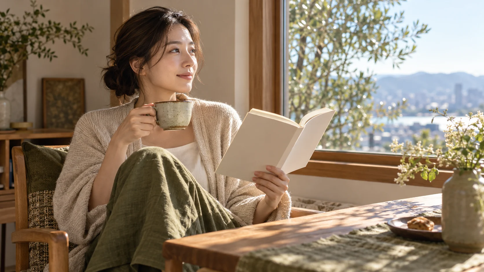 窓辺で本とお茶を手に、一人で過ごす女性