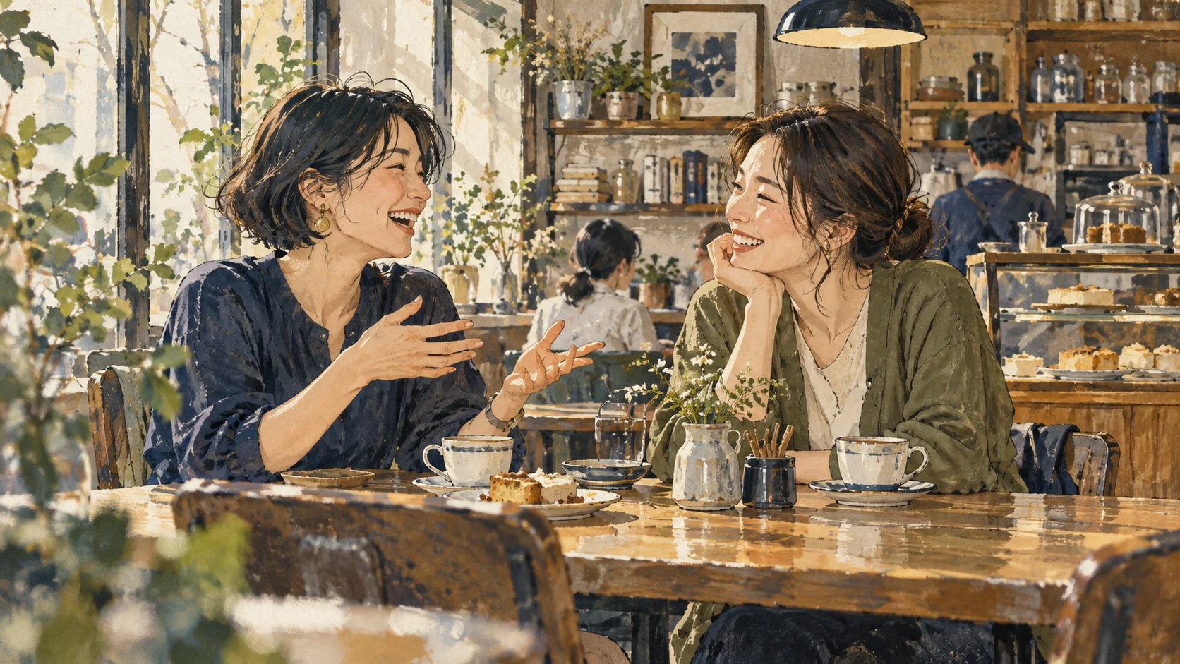 昼のカフェでお茶を飲みながら話す二人の友人