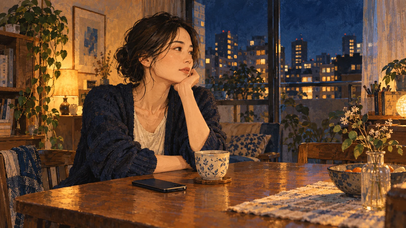 夜の部屋でお茶を前に、窓の外を見つめる女性