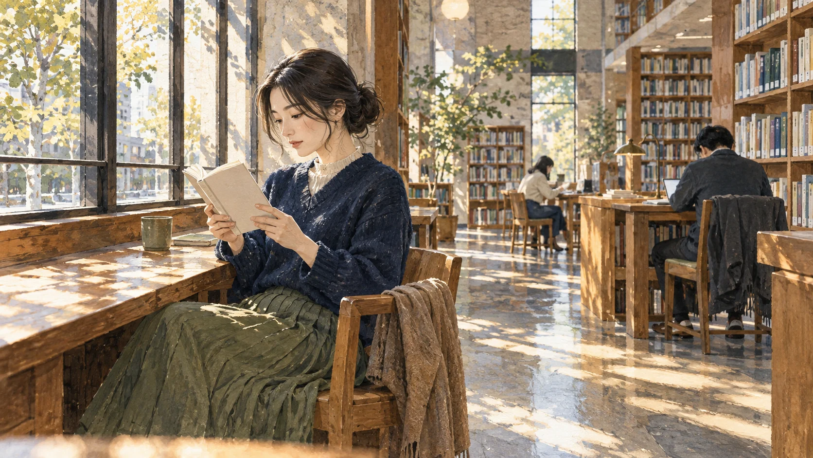 図書館の窓辺で、一人で読書をする女性