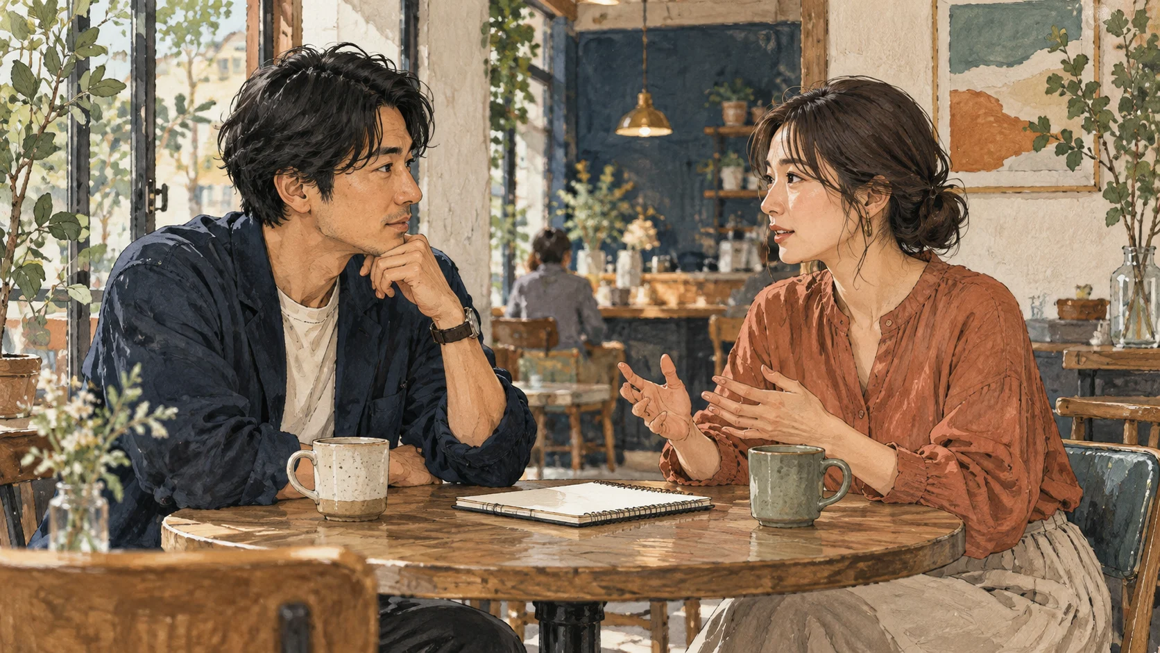 カフェのテーブルで、ノートを挟んで話す二人