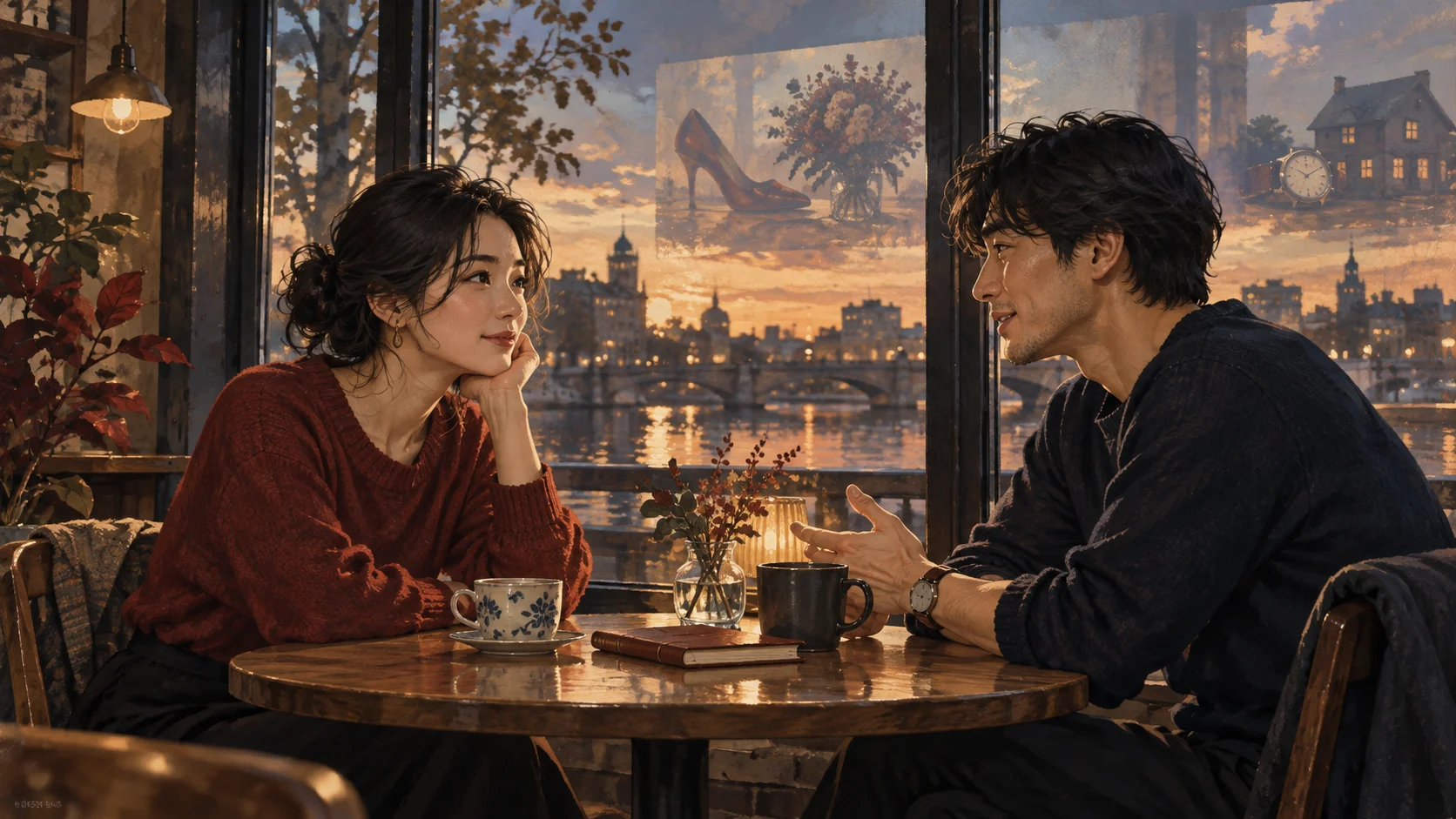 カフェで向かい合い、互いの話に耳を傾ける二人