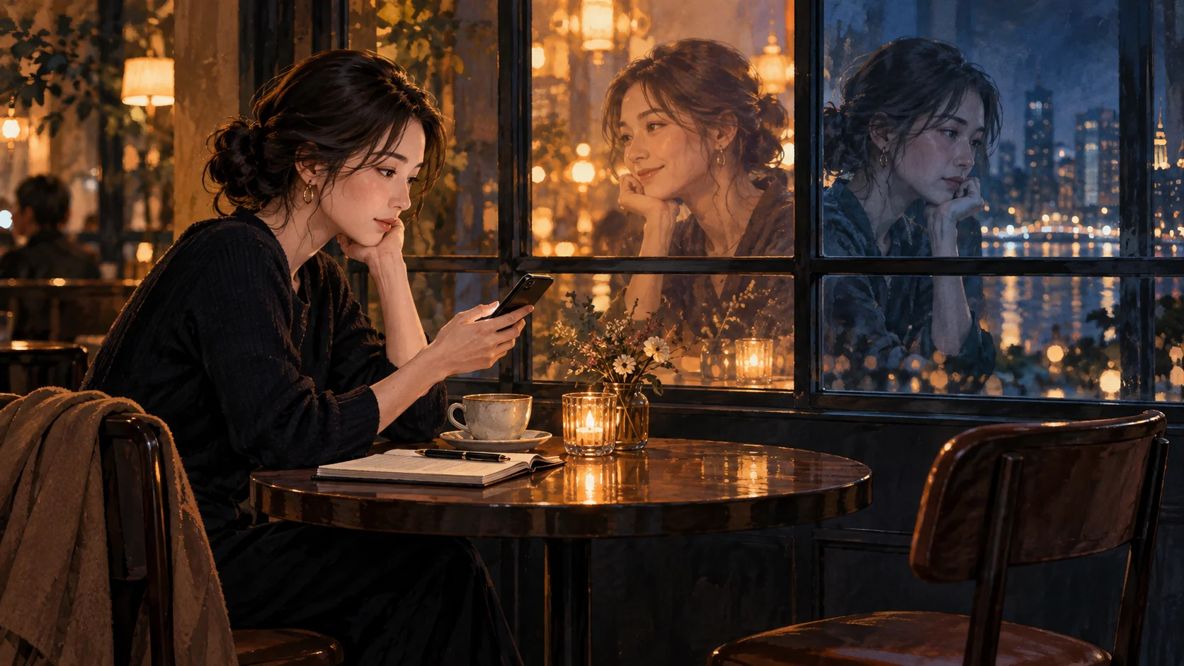 カフェでスマートフォンを見る女性と、異なる表情を映す窓