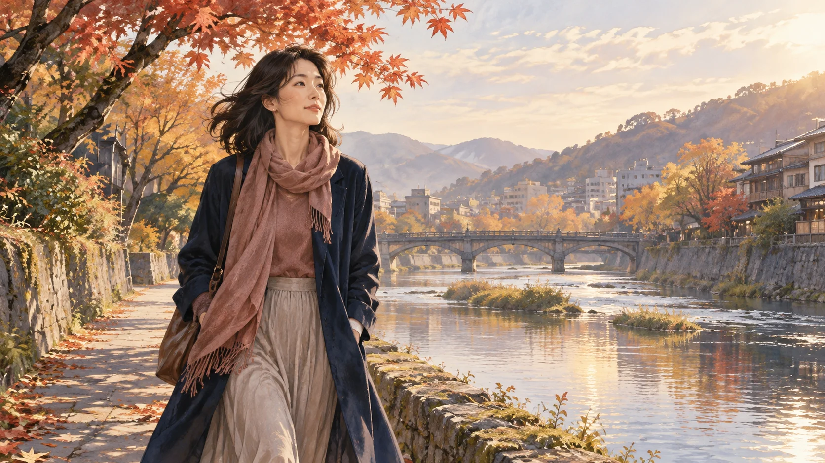 朝の川沿いを歩く女性
