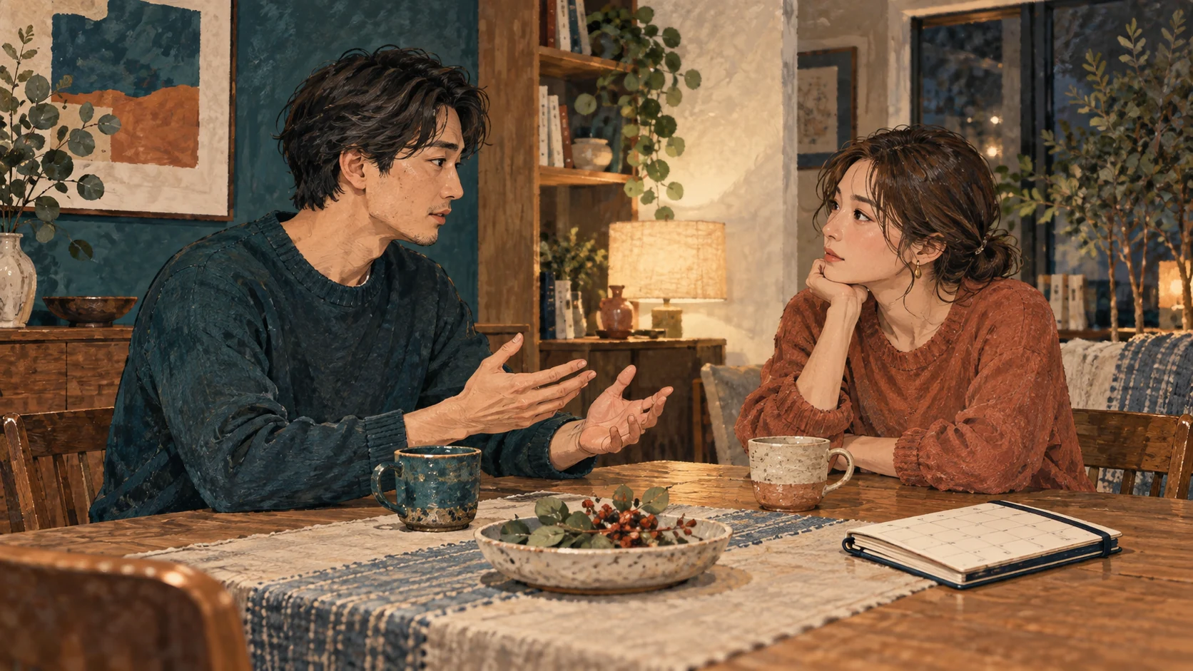 食卓で向かい合い、落ち着いて話をする二人