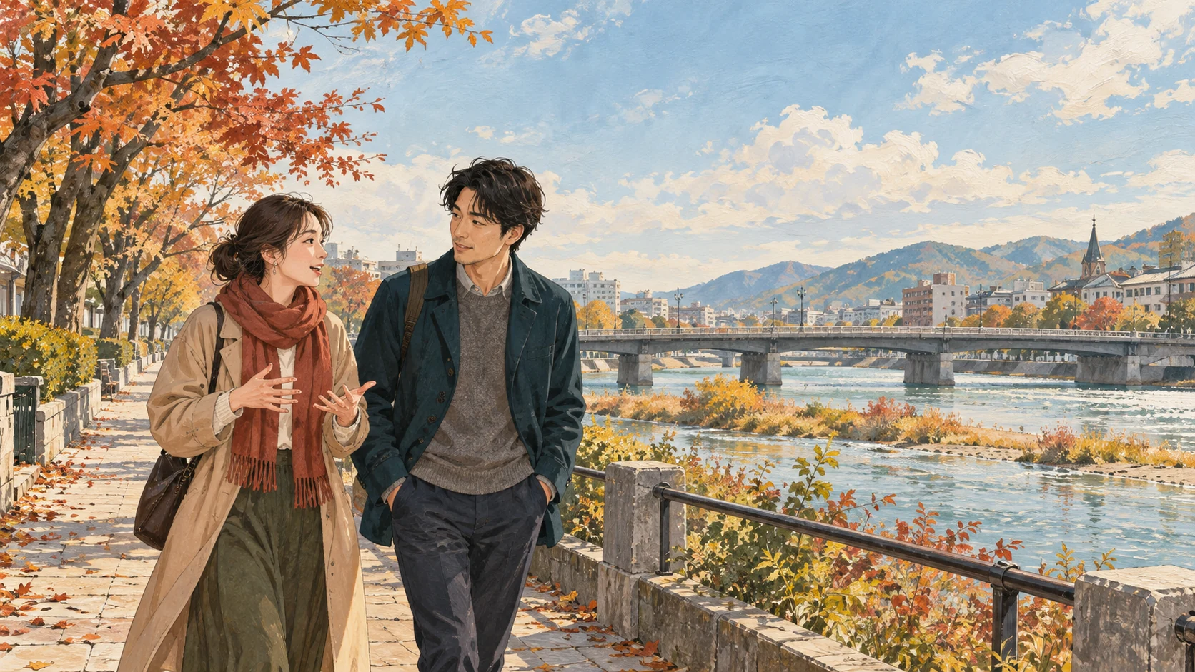 秋の川沿いで、会話を交わしながら歩く二人