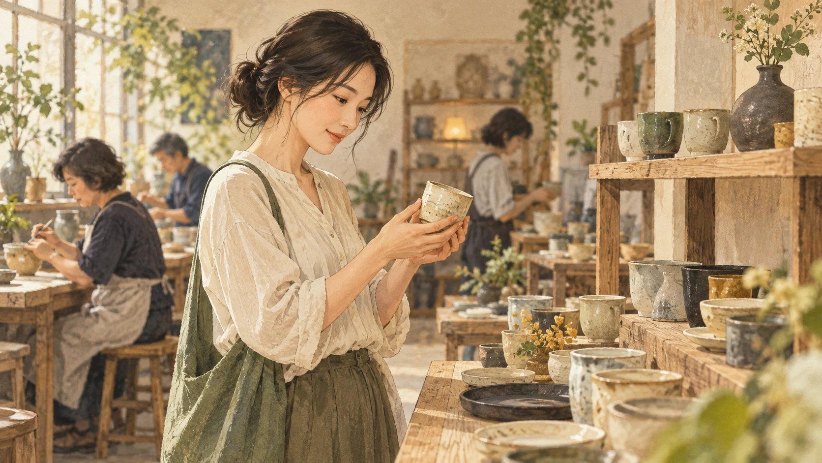陶芸教室で、自分の好みに合う器を手に取る女性