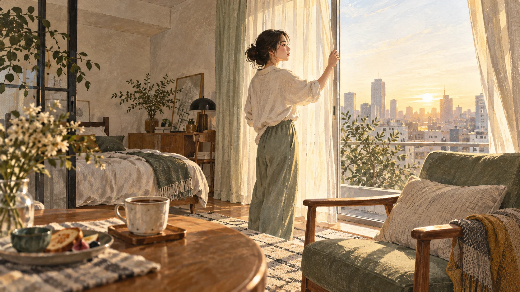 朝の光が差す部屋でカーテンを開ける女性