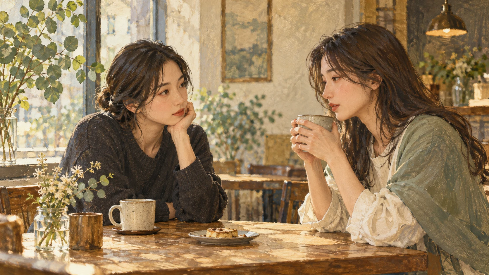 静かなカフェで友人の話に耳を傾ける女性