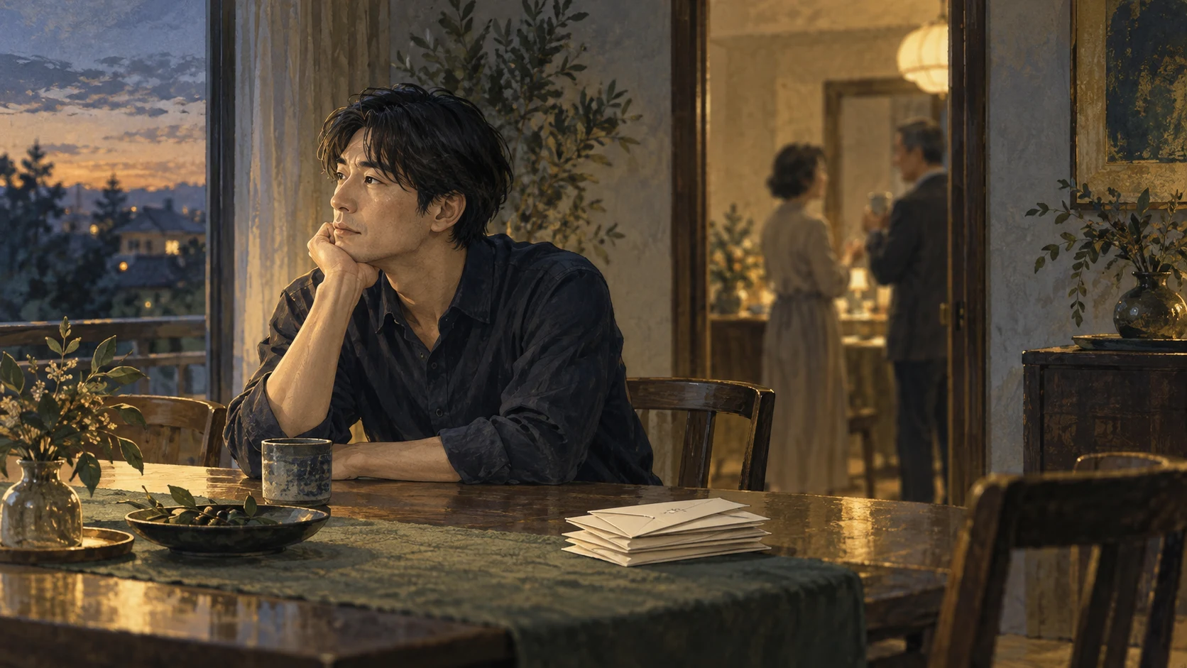 家族の集まりのあと、食卓で自分の希望を考える男性