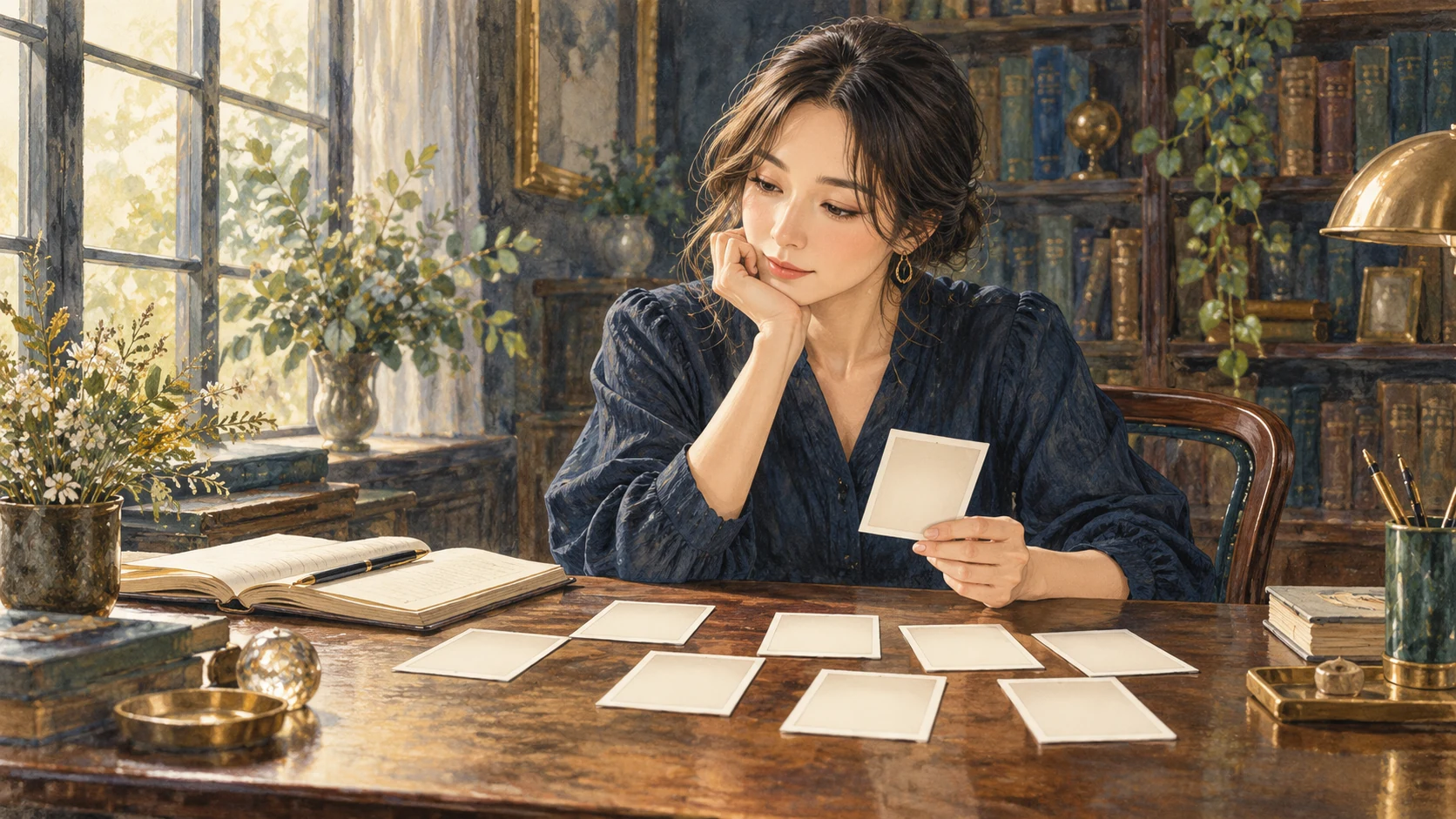 机に並べたカードを見ながら、自分の希望を考える女性のイラスト