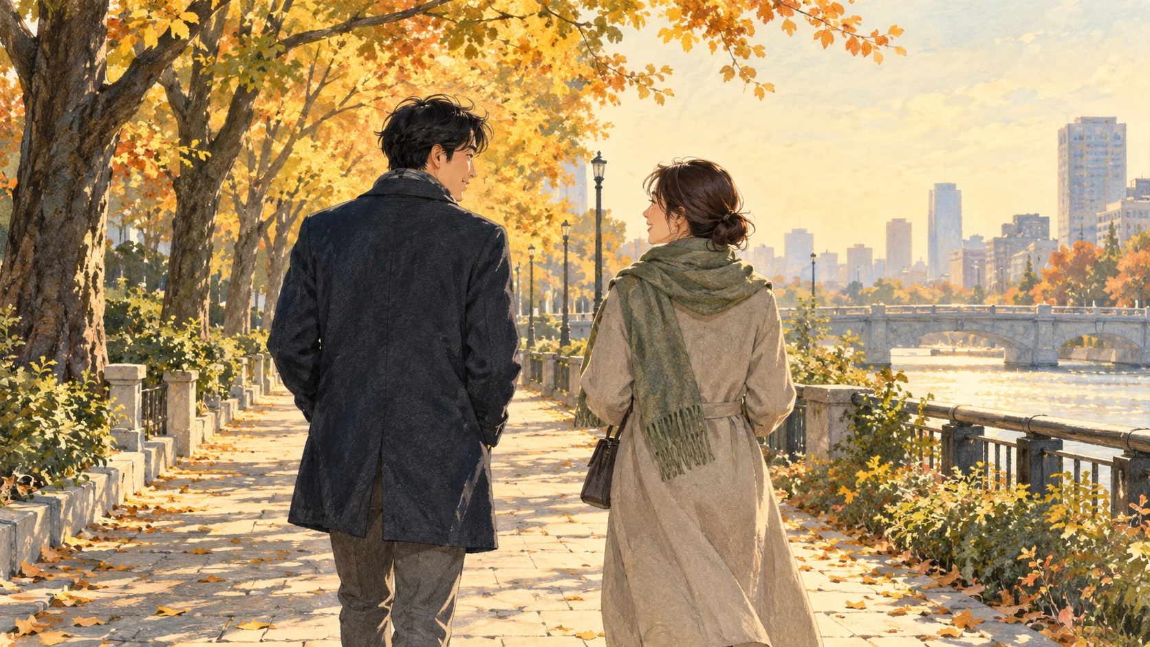 秋の並木道を、会話しながら並んで歩く二人