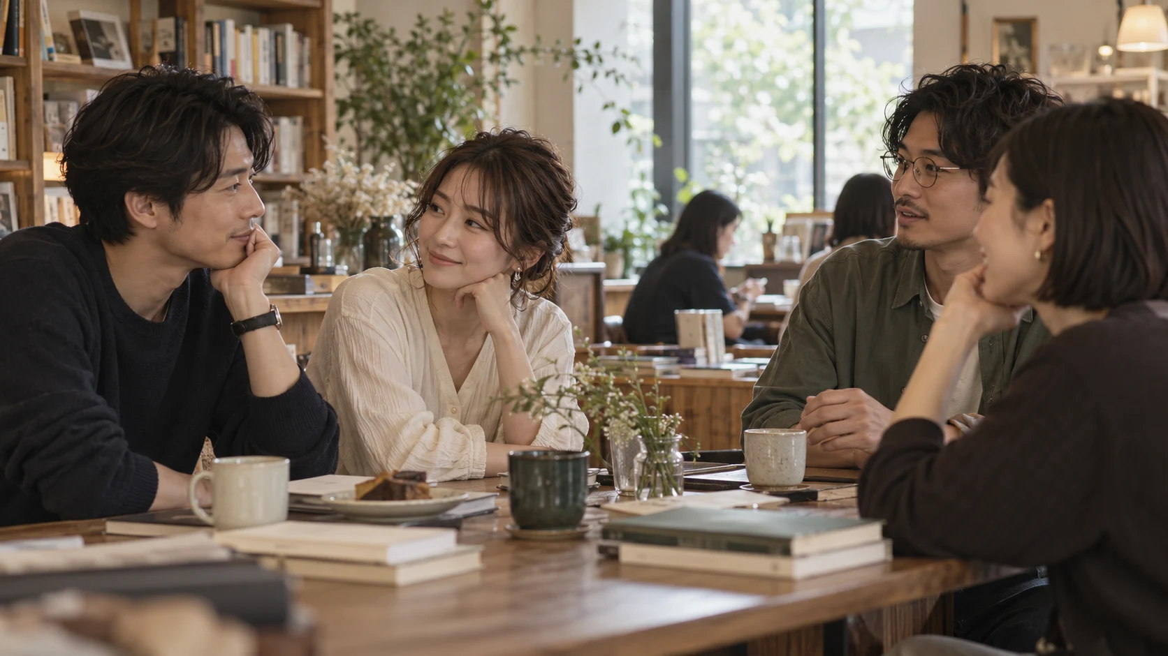 ブックカフェで会話を楽しむ友人たち