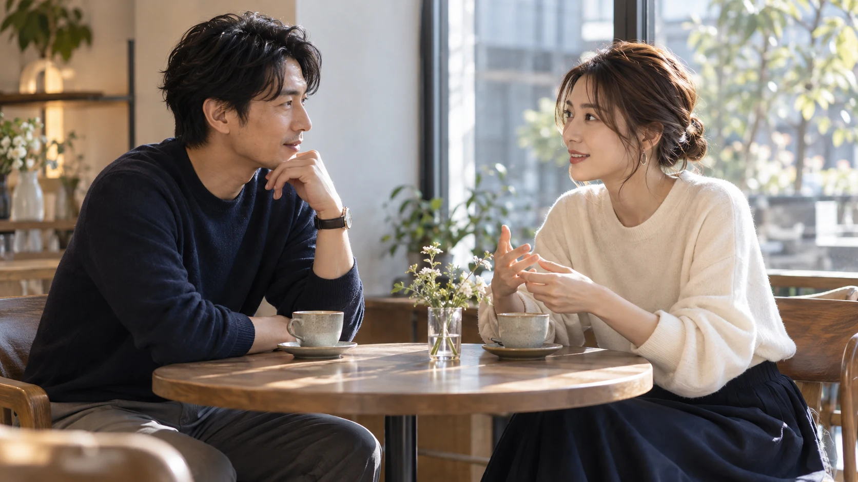 カフェで向き合って話す二人