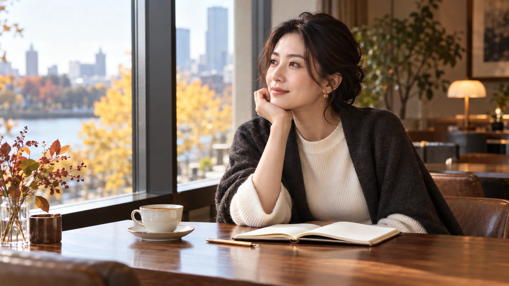 カフェでノートを開き、これからの暮らしを考える女性