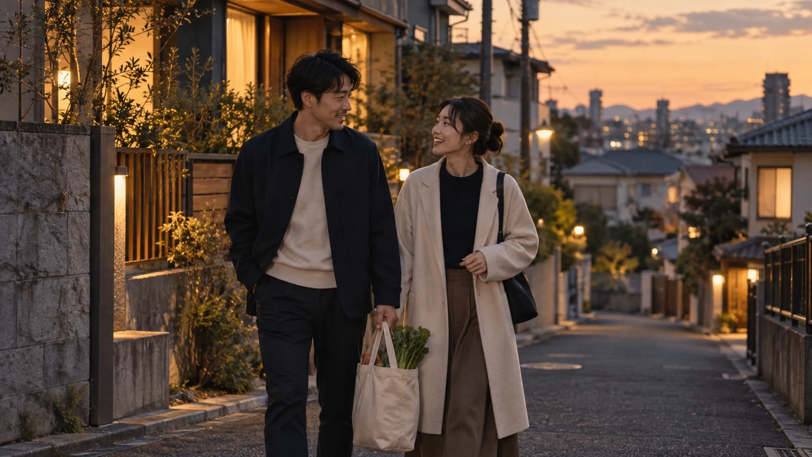 買い物袋を持ち、夕方の住宅街を一緒に歩く二人