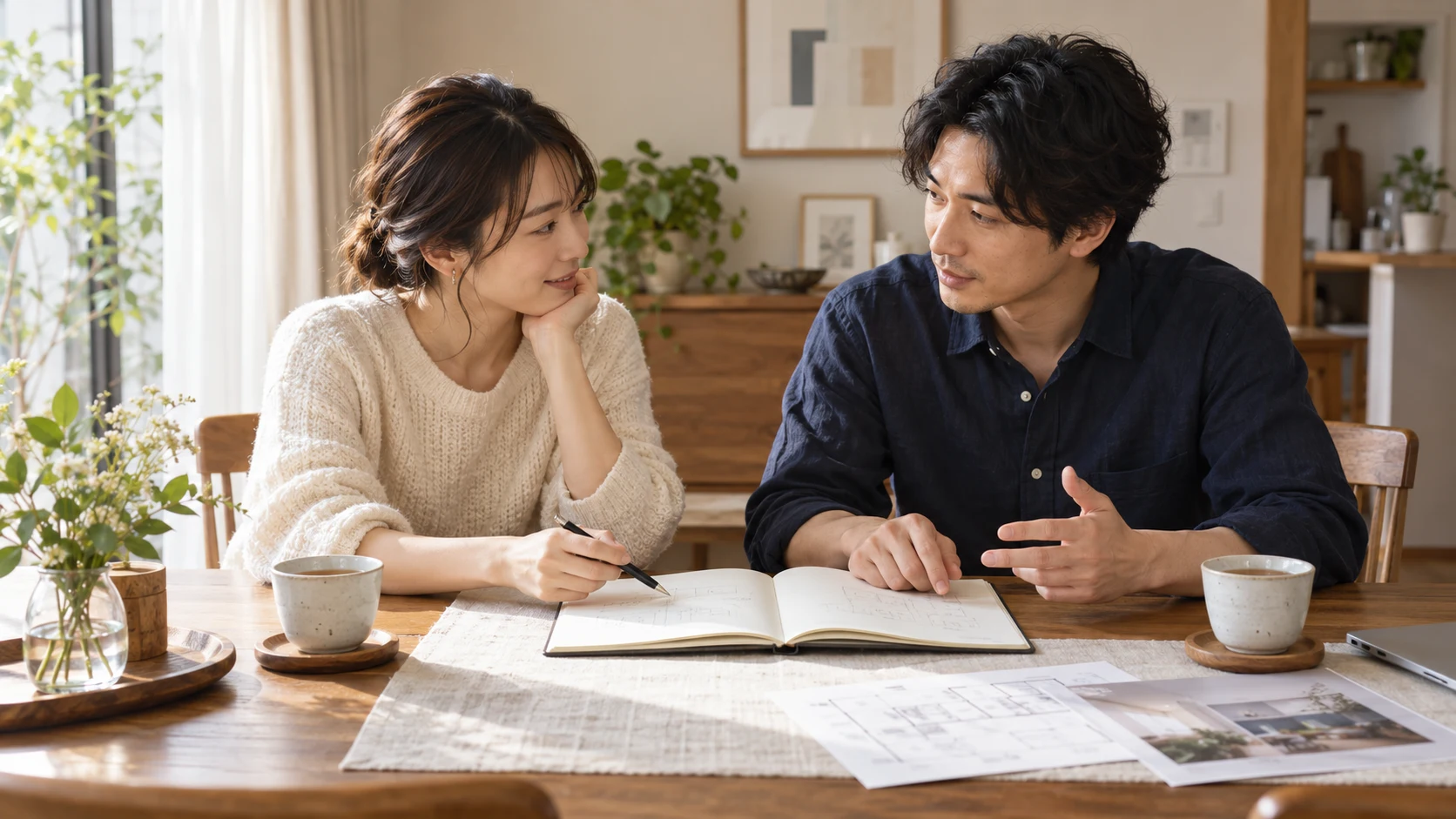 食卓でノートを開き、生活について話し合う二人
