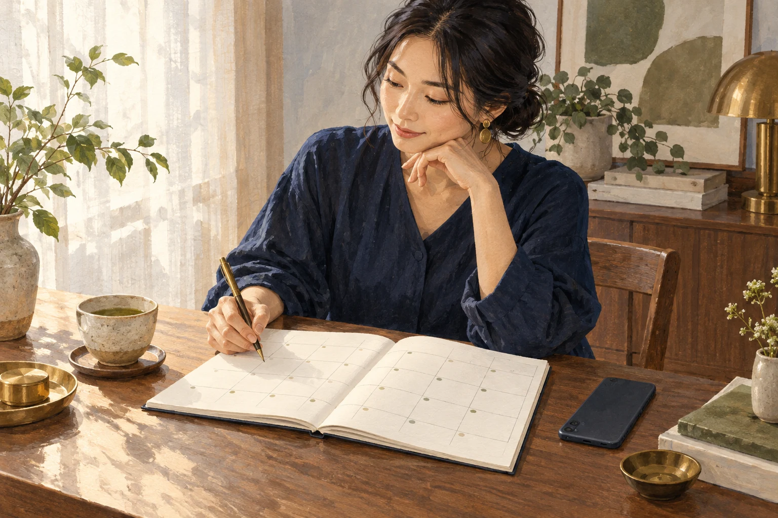 手帳を開いて利用予定を考える女性
