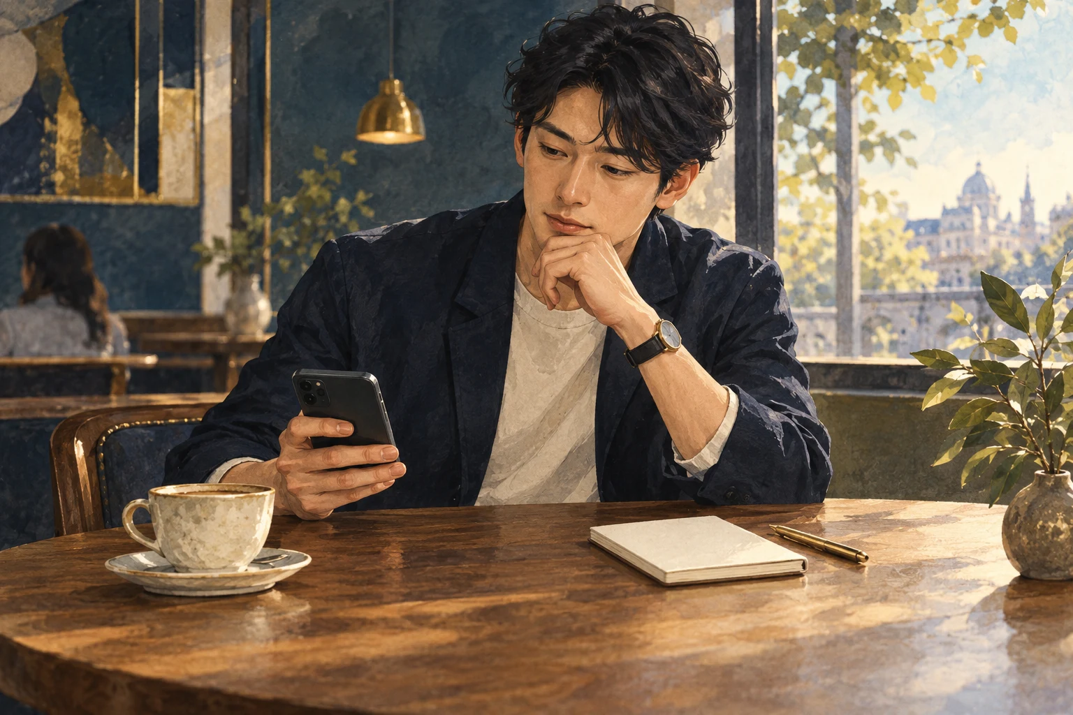 カフェでスマートフォンを見ながら、課金について考える男性