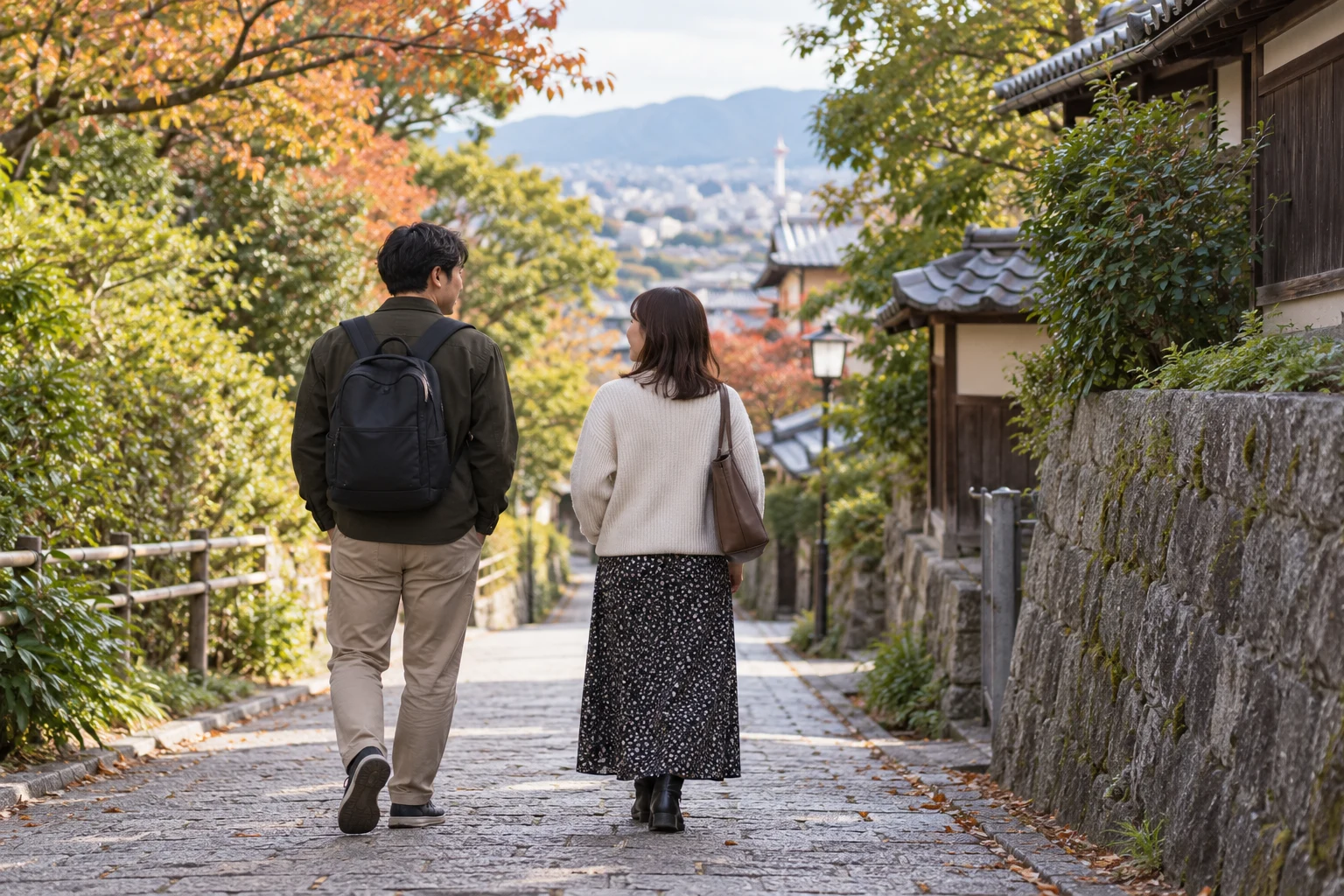木々のある道を並んで歩く二人の後ろ姿