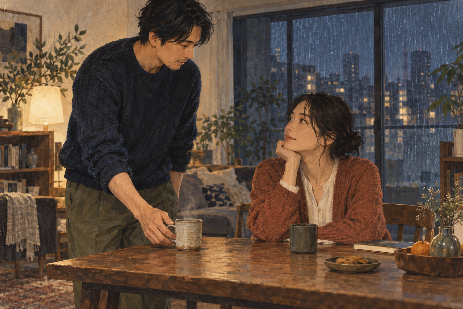 雨の夜、温かい飲み物を置きながらパートナーに目を向ける男性