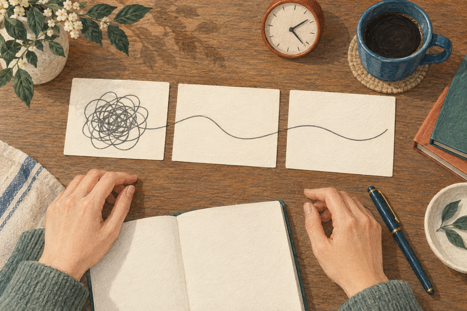 絡まった考えをほどく線を描いたカードと、メモを取る手元