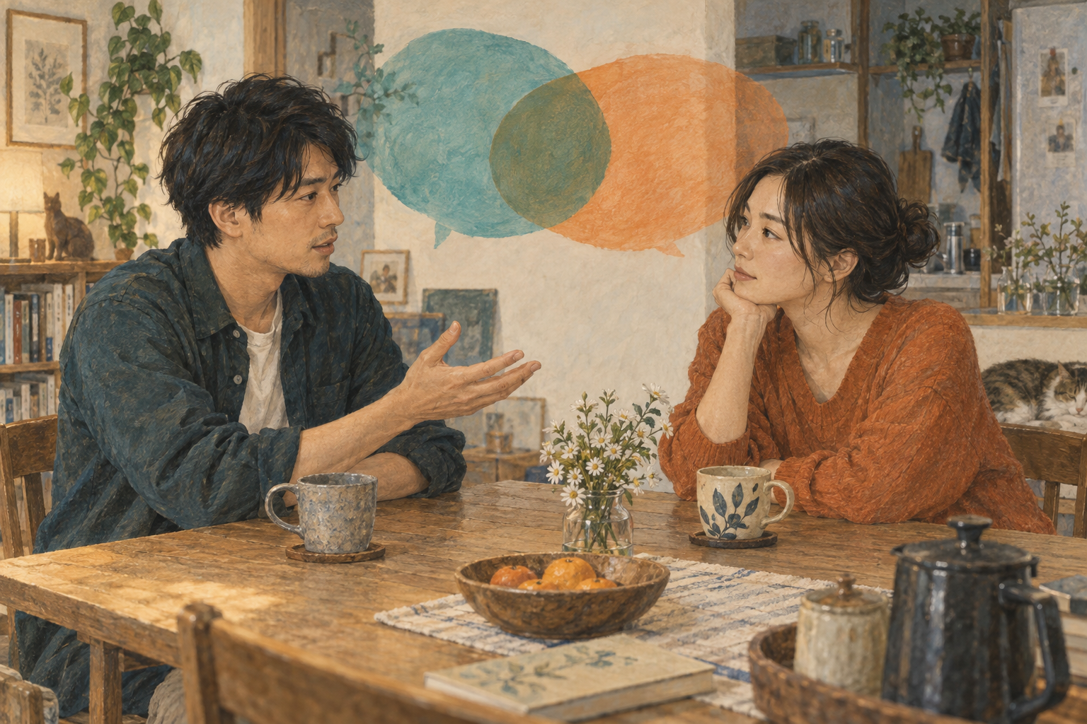 互いの話に耳を傾け、食卓で希望を伝え合う二人
