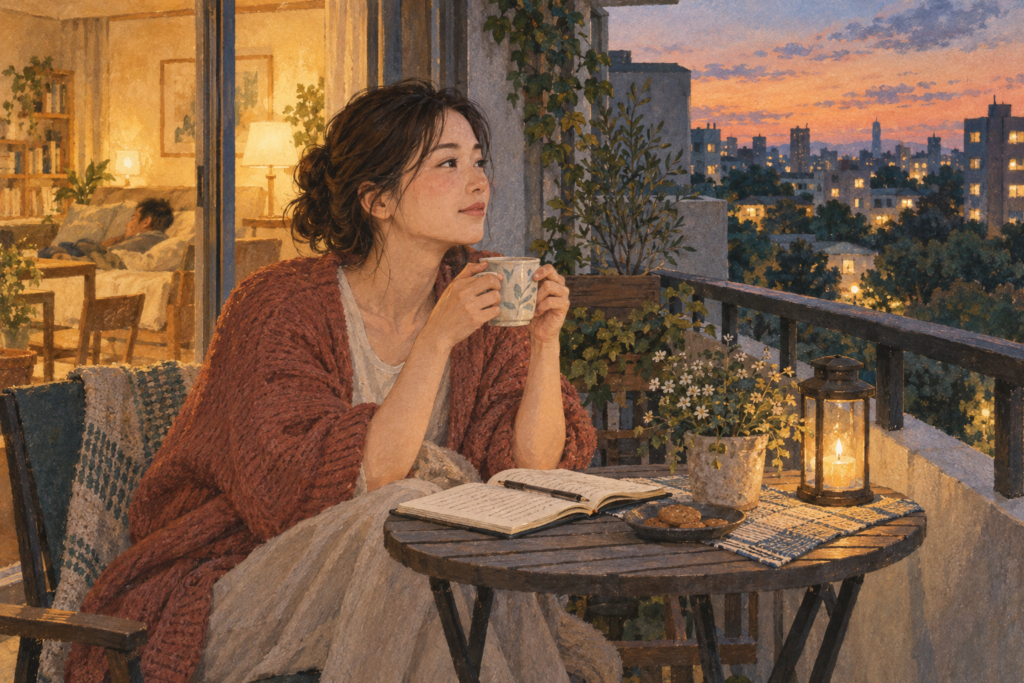 夕方のベランダでお茶を飲み、自分の休息の時間を持つ女性