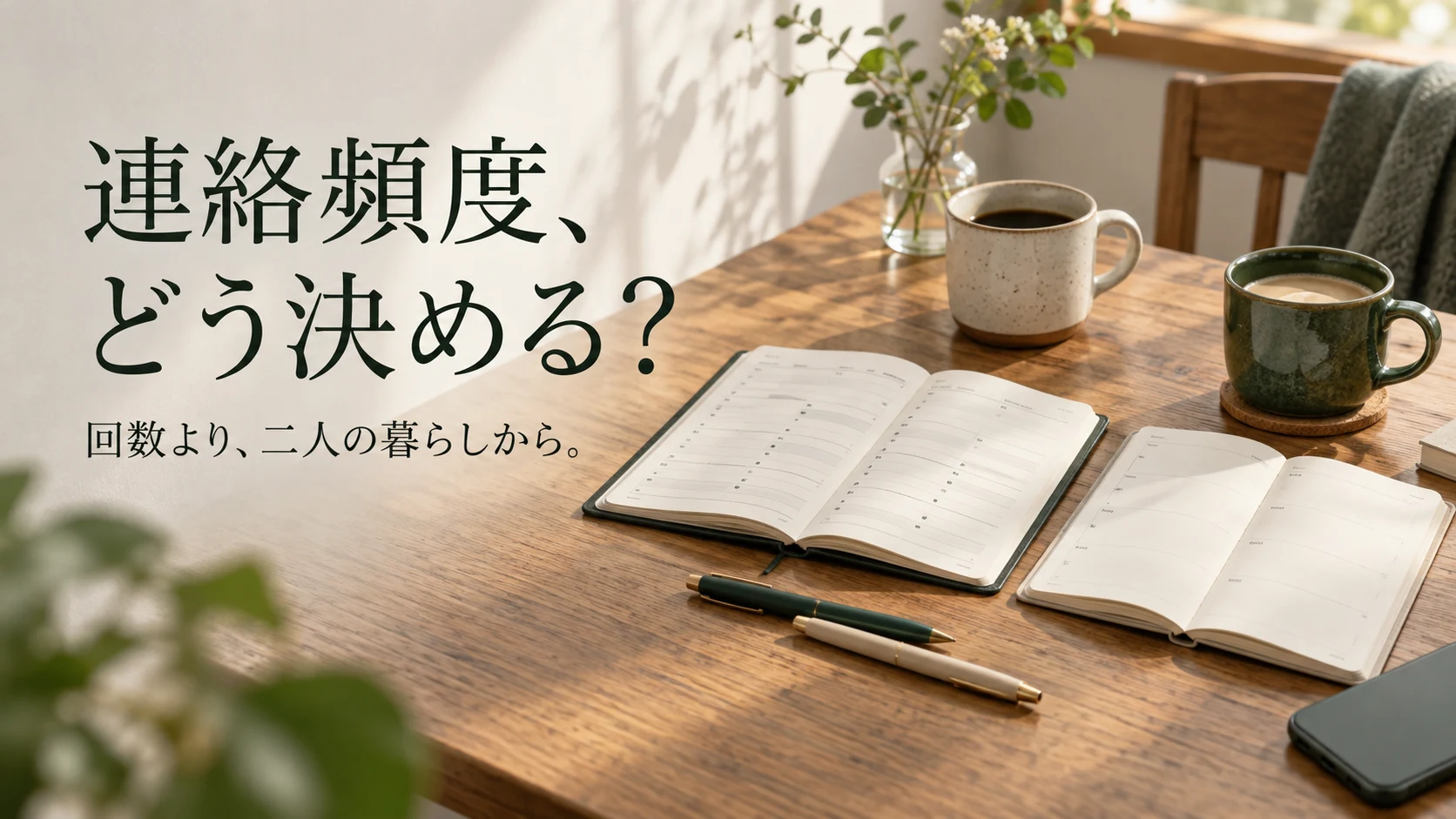 二冊の手帳と二人分のカップを並べ、「連絡頻度、どう決める？」と記した表紙
