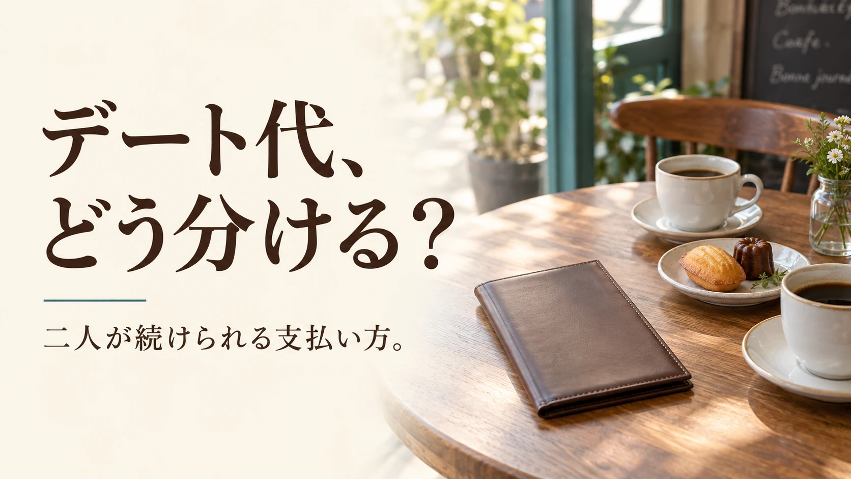 二人分のコーヒーと伝票ホルダーに「デート代、どう分ける？」と添えた表紙