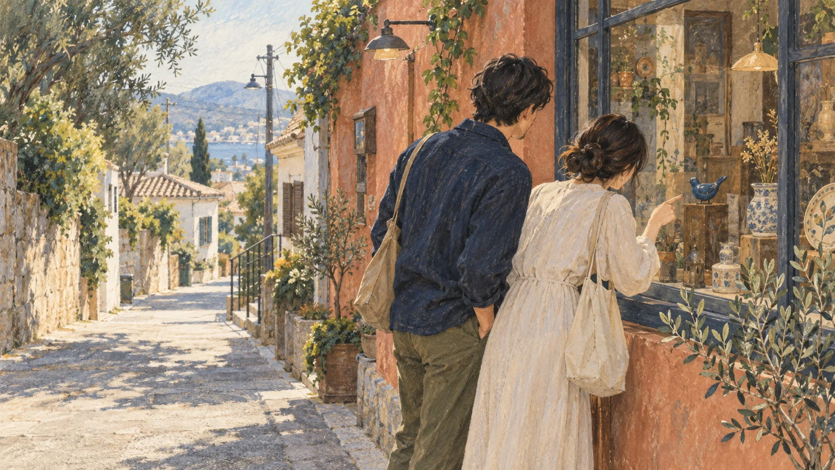 街を散歩しながら店の窓辺の青い鳥の置物を一緒に眺める二人のイラスト