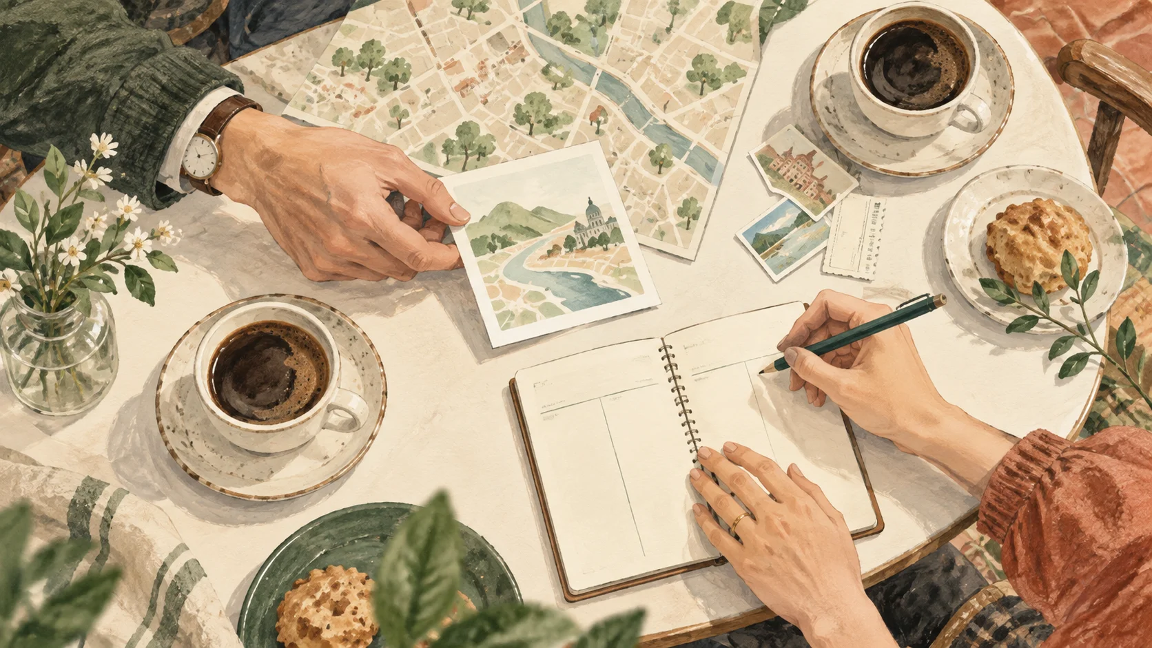 カフェのテーブルで地図と手帳を広げ、二人でデートの予定を考えるイラスト