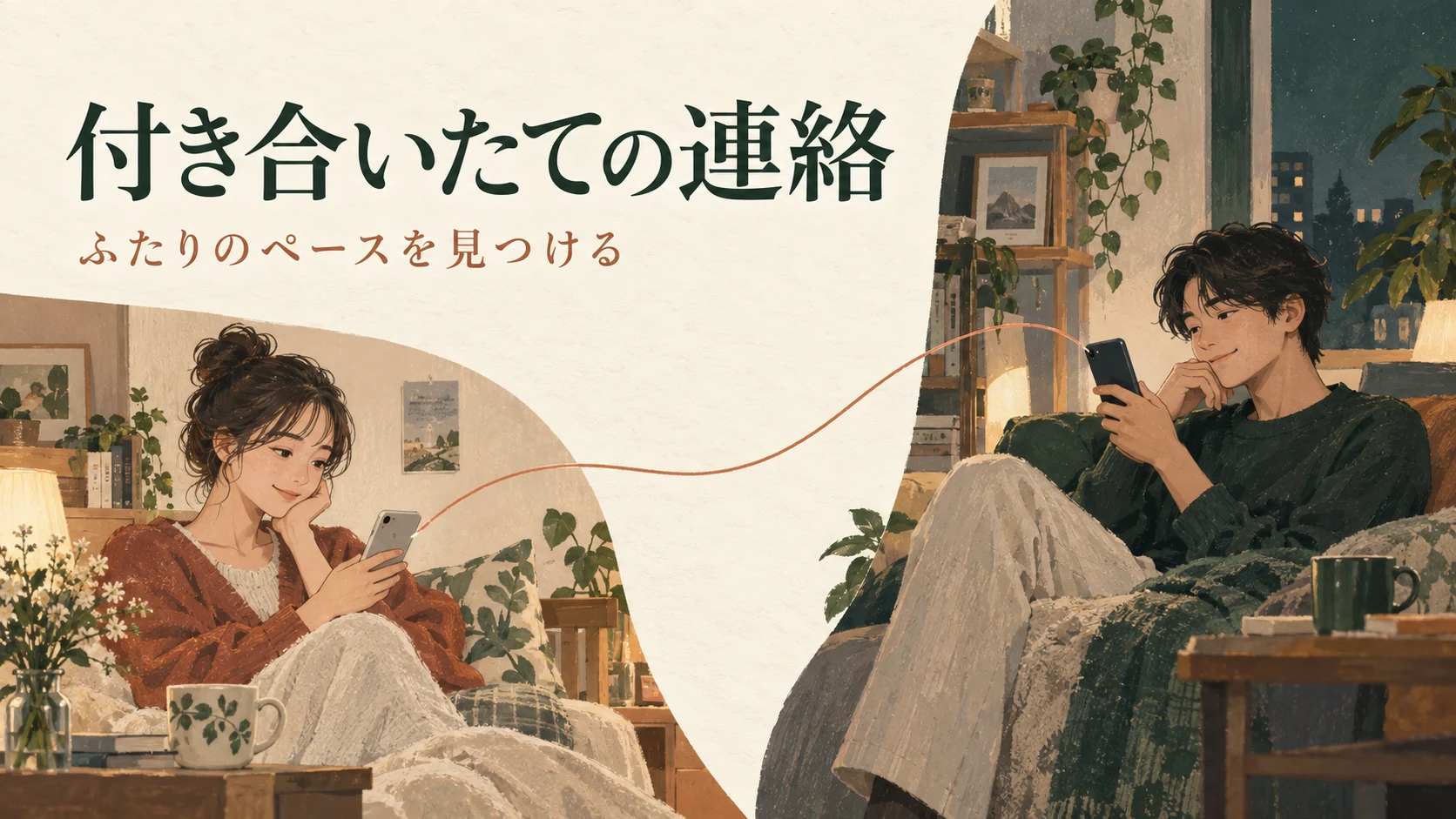 別々の部屋でスマートフォンを手にする二人。付き合いたての連絡、ふたりのペースを見つける。