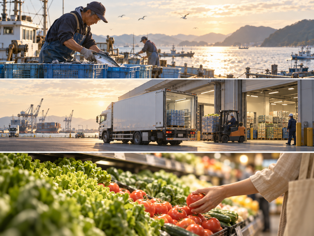 漁業の現場、物流倉庫、店頭で野菜を選ぶ場面を三段に並べ、食の流れを示した構図