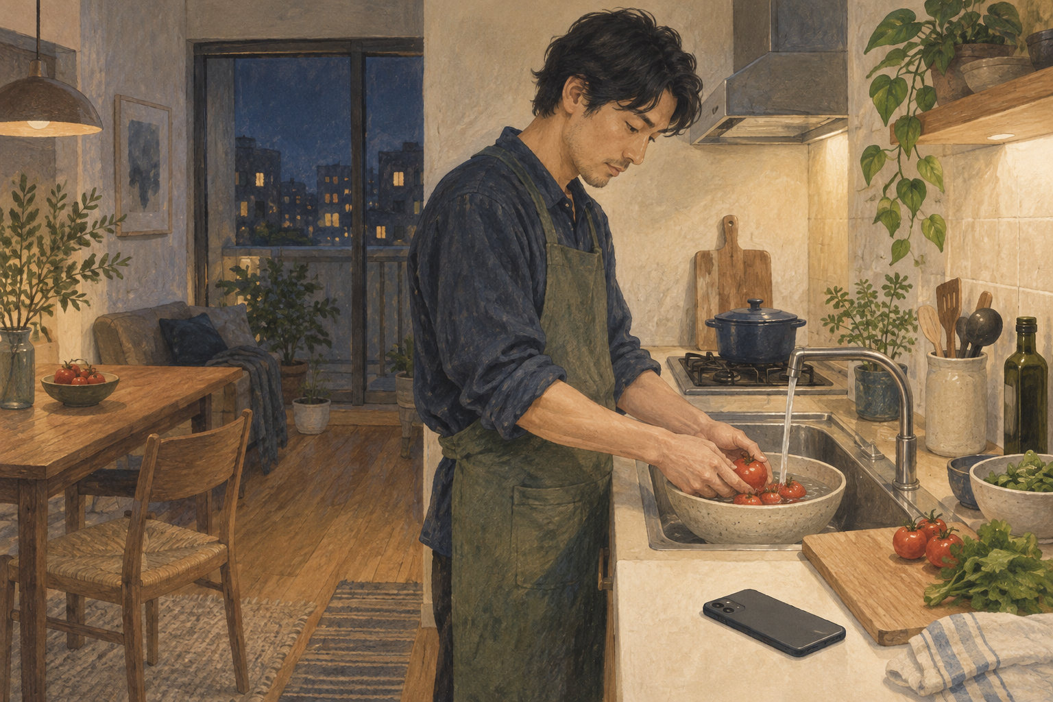 スマートフォンから離れ、自分の夕食を用意する男性のイラスト