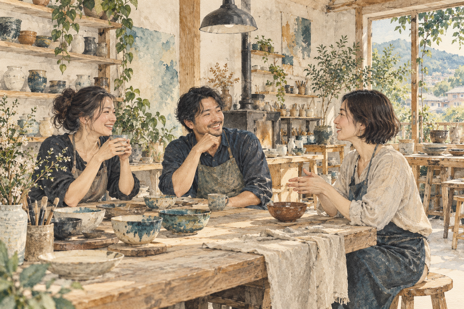 陶芸を通じて友人と会話する三人のイラスト