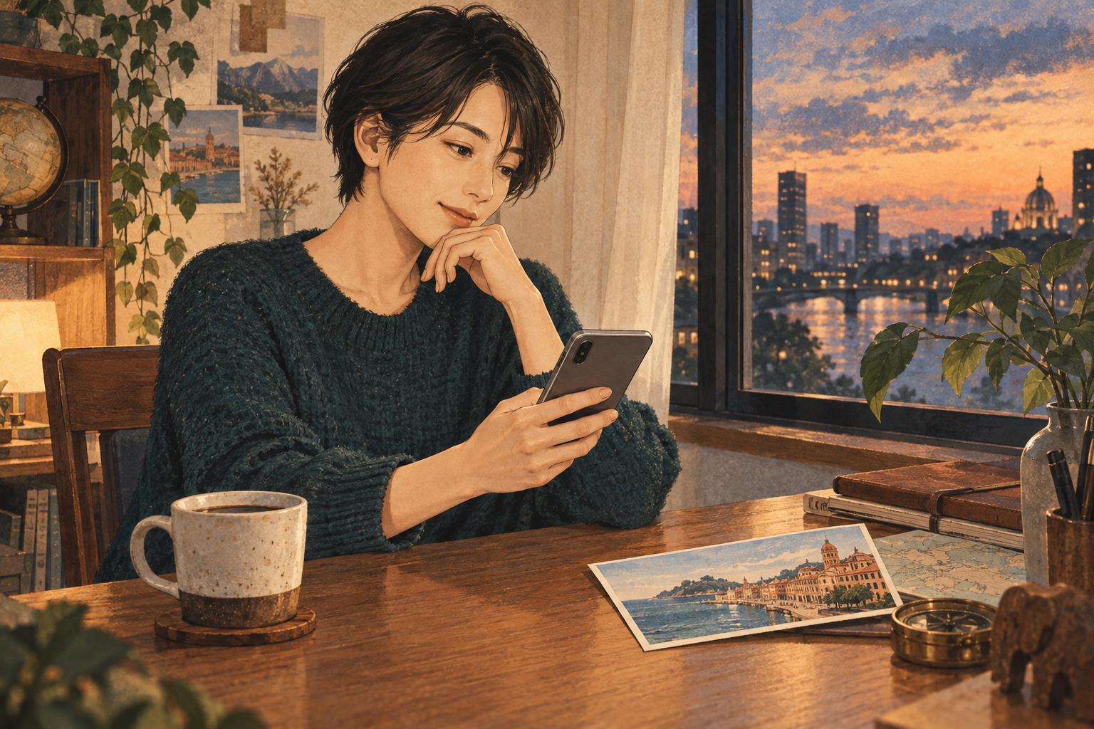 旅の写真をそばに置き、スマートフォンで最初のメッセージを考える人