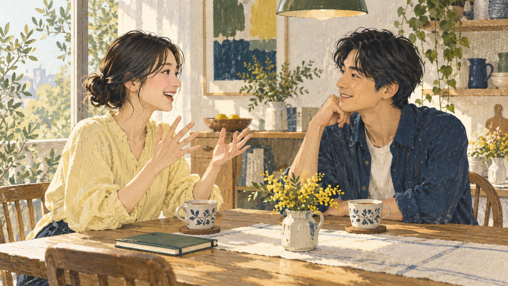 明るい部屋でうれしい出来事を話す女性と、笑顔で耳を傾ける男性のイラスト