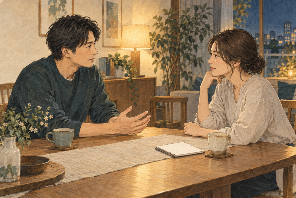 お茶を置いた食卓で向き合い、落ち着いて話を聞き合う二人