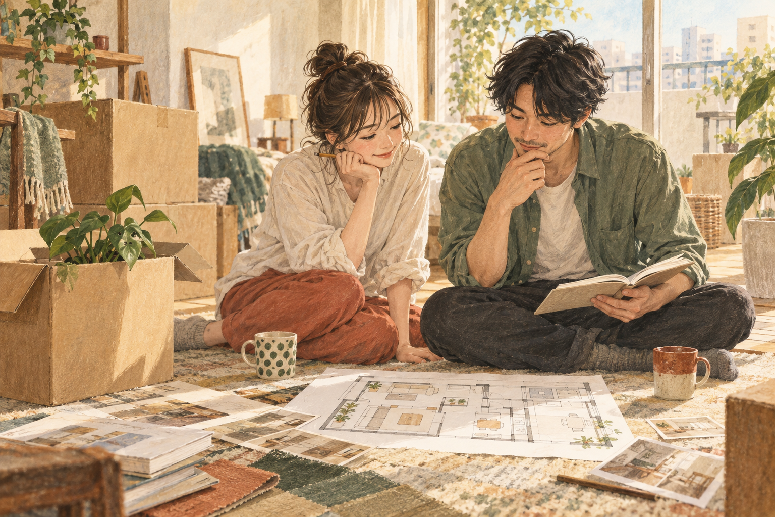 引っ越しの箱のそばで間取り図とノートを見ながら暮らし方を相談する二人
